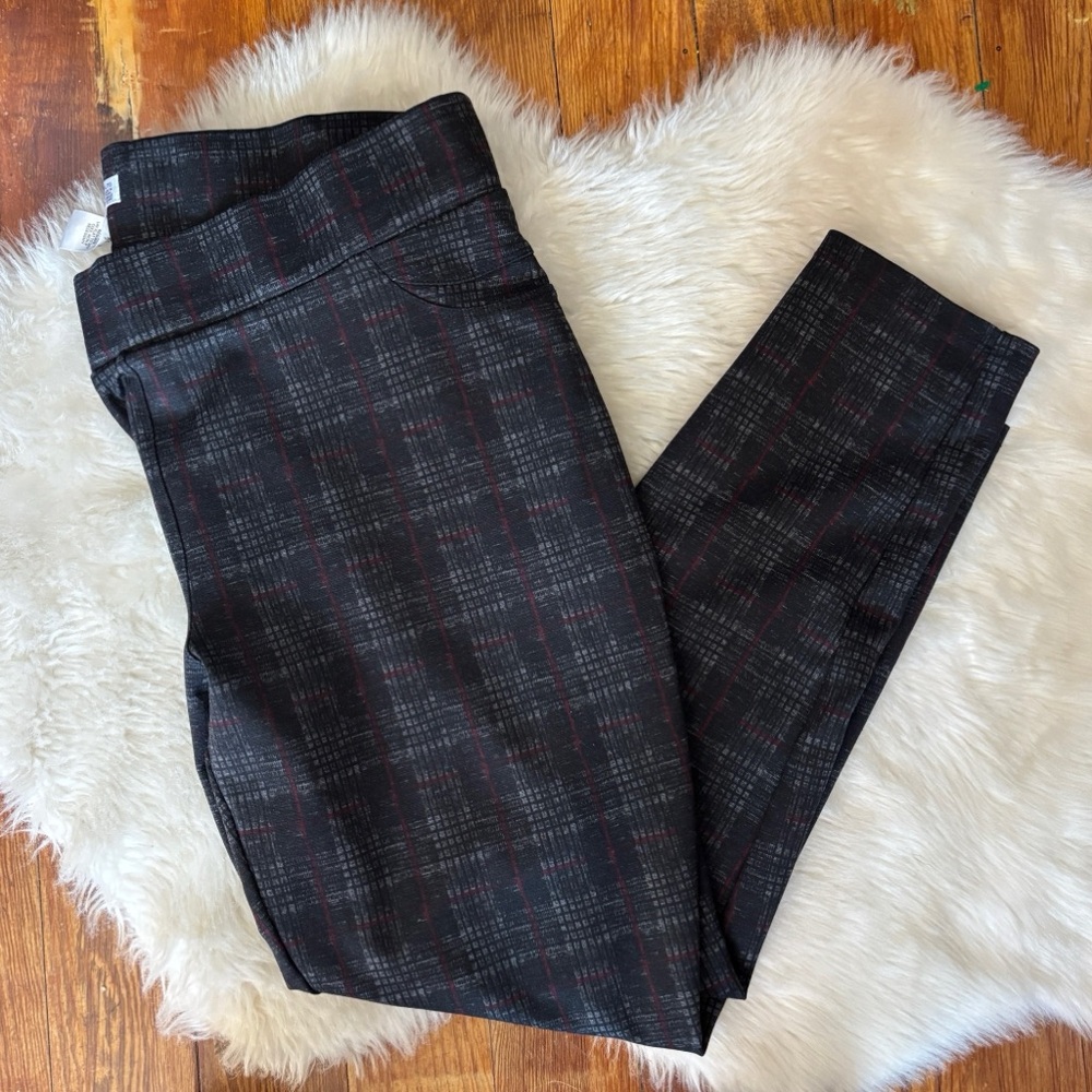 Black Gray and Red Plaid Print Career Pants